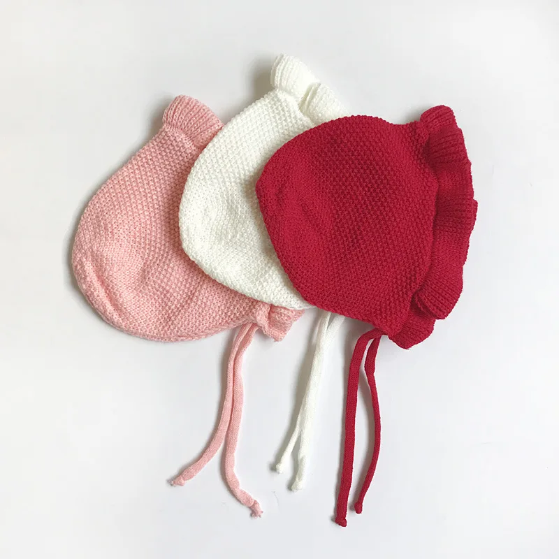 Spring New Newborn Baby Hat 3 Color Infants Handmade Wool Ear Knitting Monolayer Lotus Leaf Yarn Warmer Caps Kids Bonnet | Детская
