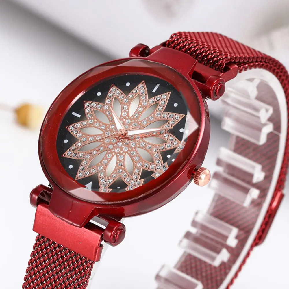 Новые модные женские часы с цветком и циферблатом бриллиантом магнитной пряжкой