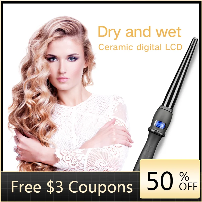 

Lcd Curlers Conical Curling Iron Single Tube Ceramic Glaze Pear Flower Cone Electric Hair Curly Hair
