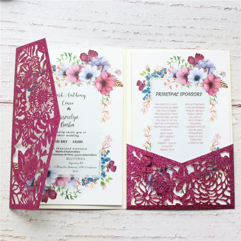 Блестящие открытки-приглашения синие красные розовые фуксия золотые Цветочные