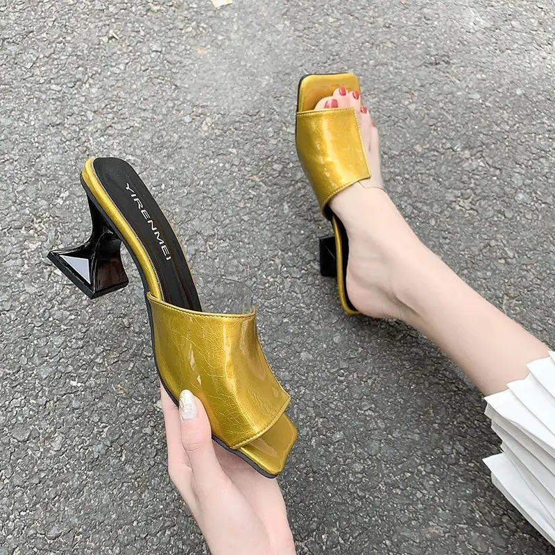 

Sexy Casual Shoes Woman Transparent Slippers Crystal Cup High Heels Square Open Toe Ladies Slippers Women Shoes Mules Slides