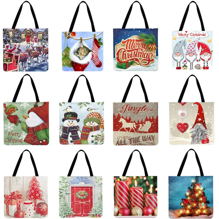 

Reusable Linen Shopping Handbags Casual Ladies Christmas Cartoon Printed Tote Square Large Capacity Storage Bag