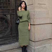 women winter knitted skirt two piece set version o neck loose pullover sweater women 2 pcs skirt suit green and black setum019