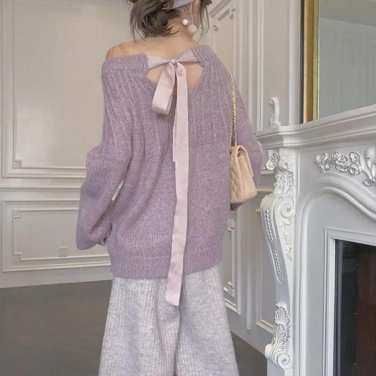 

Luck A Korean Sweater Solid Full Bow Pullover Autumn Winter Loose Women Sweaters Warm Cute Knit Ropa Mujer Regular Female Tops
