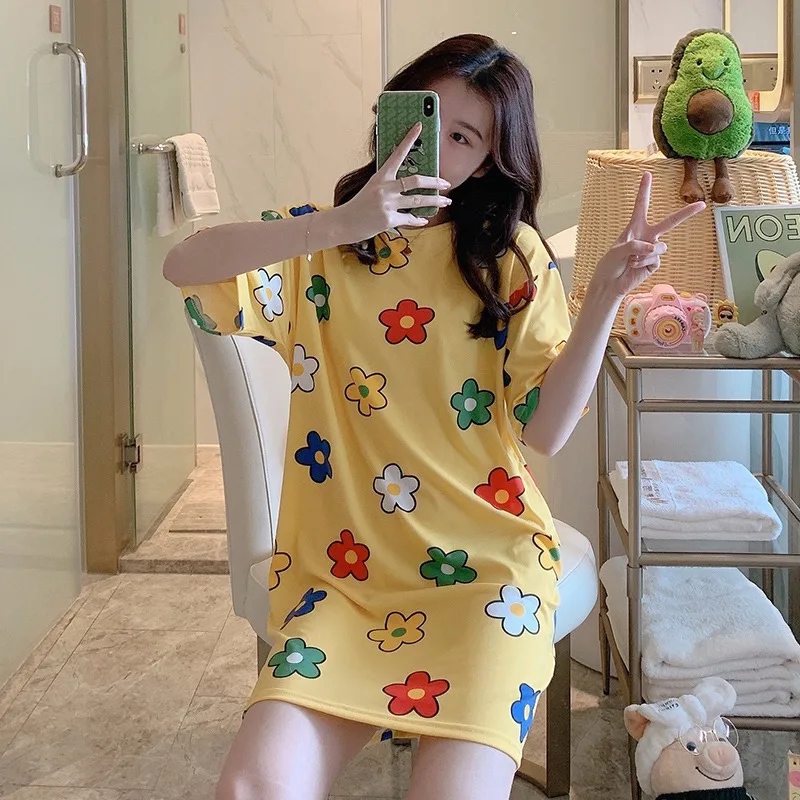 

Модные летние Ночные рубашки с коротким рукавом и принтом для женщин, свободная одежда для сна, ночная рубашка, домашняя одежда, ночная руба...