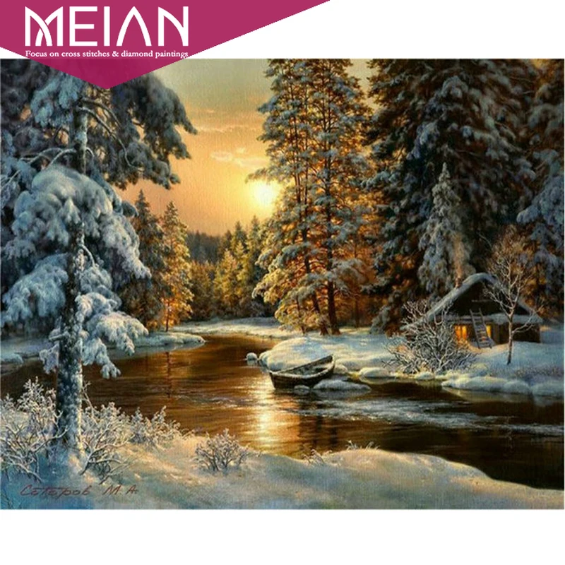 2020 MEIAN Зимний закат Алмазная картина крестиком пейзаж круглый горный хрусталь