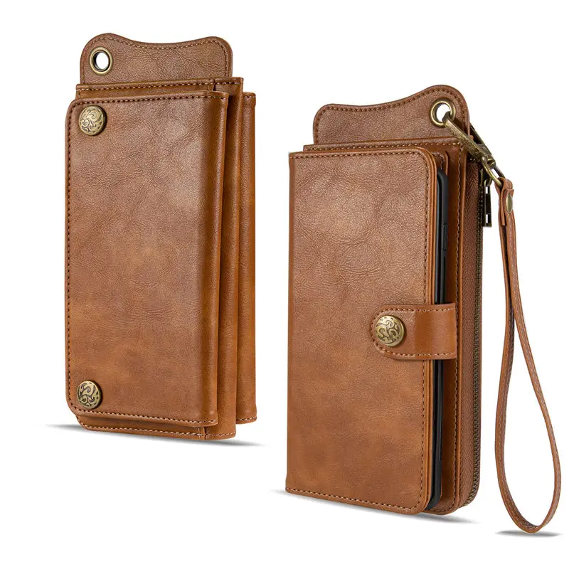 Роскошный Высококачественный винтажный Чехол-книжка на молнии в стиле ретро, кожаный чехол-кошелек для OnePlus 7 Pro с ремешком - Цвет: Brown