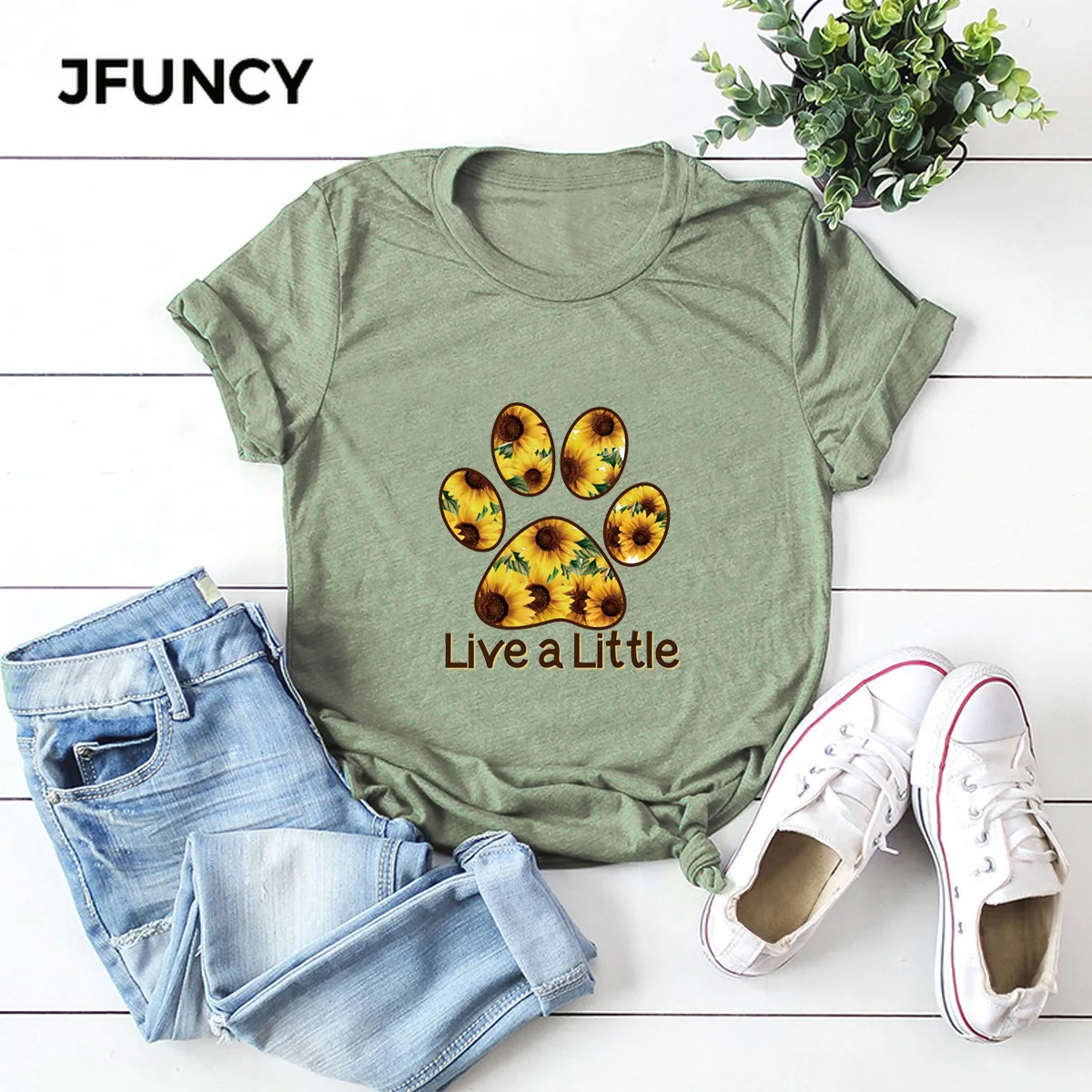 JFUNCY Footprint Print Women's T-shirt Short Sleeve Summer Cotton Tops Women Tee Shirts Female  Casual Clothes