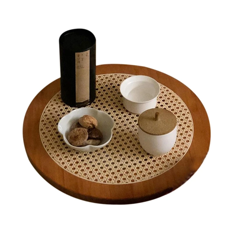 

Hand-Woven Rattan Decoration Round Plate Ornaments Storage Tray with Handle Bread Fruit Food Breakfast Display