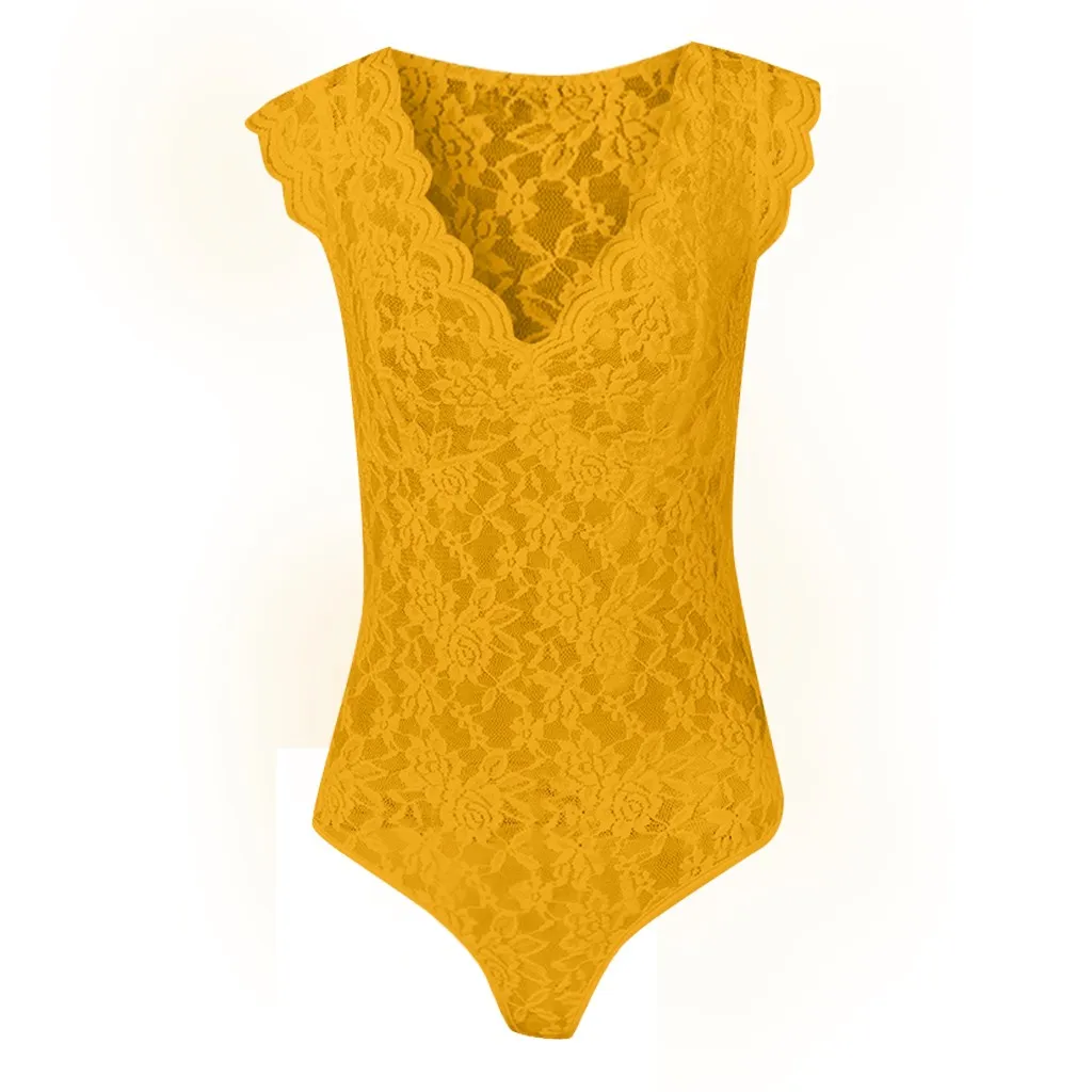 Women Sexy Lace Bodsuit Sleevless V-neck Sheer Mesh Slim Bodysuit Tops Romper Overalls Feminino Body Suits |