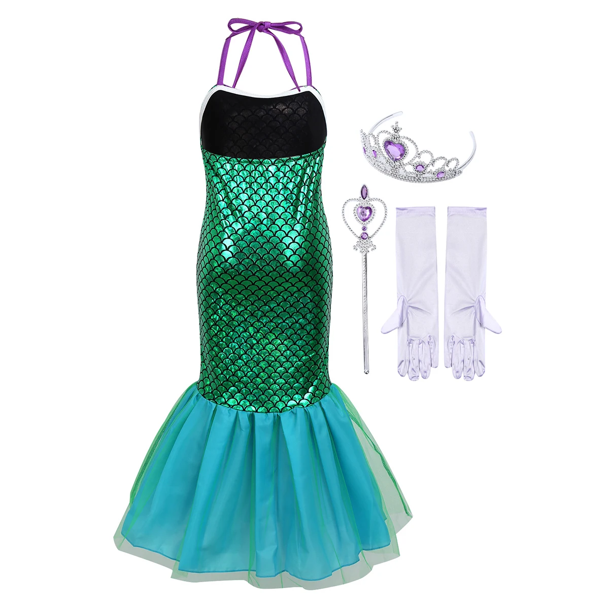 Детское блестящее платье с лямкой на шее для девочек русалки принтом рыбьей