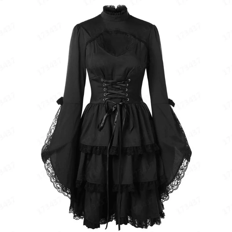 

Women Flare Long Sleeve Cut Out Lace Trim Gothic Dress Stand Collar Lace Up Tiered Vintage Party Dress Solid Vestidos 2XL