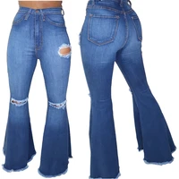 hip pop fashion hole ripped denim flare pants wide leg women vintage bell bottoms jeans casual boot cut pant female trousers