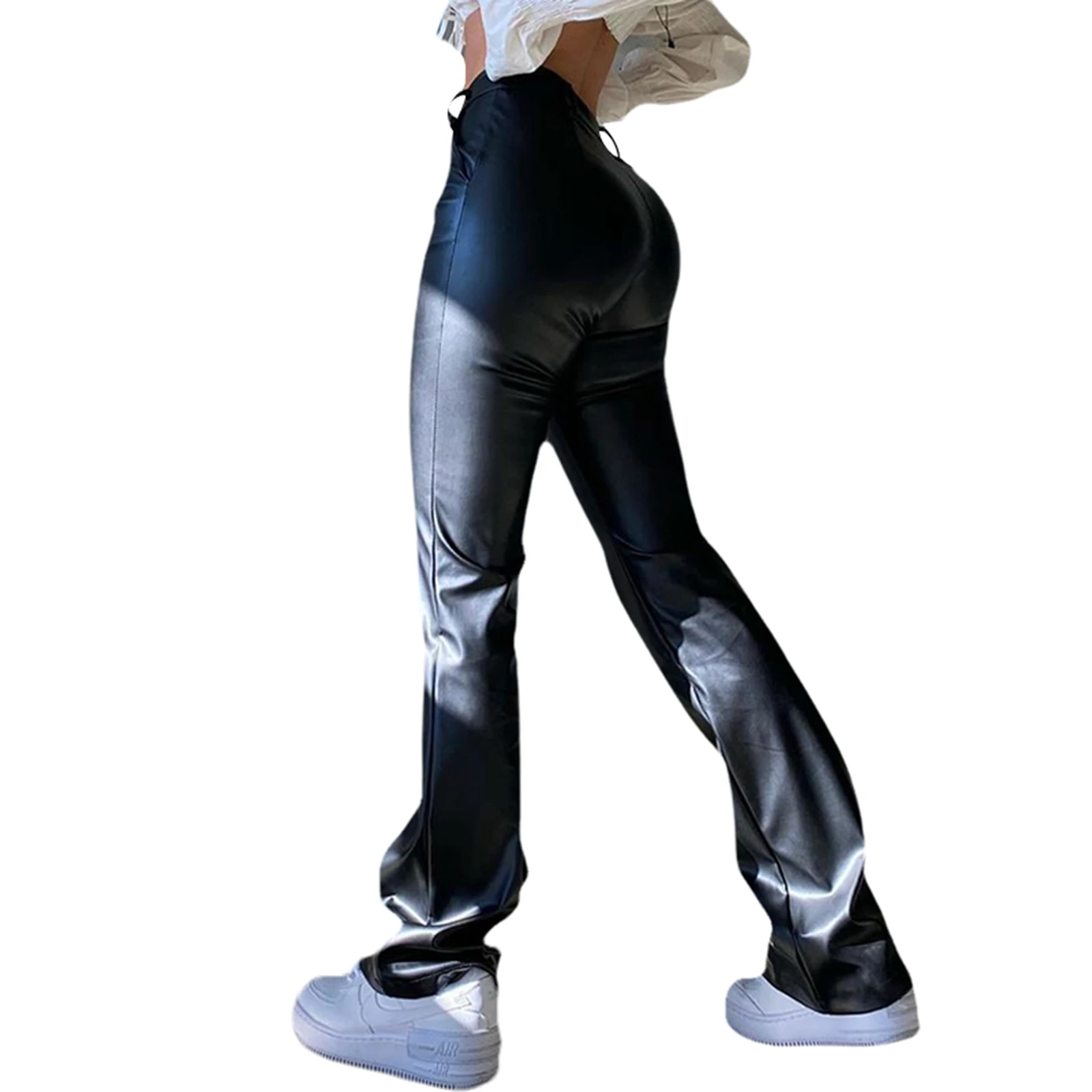 Осенние элегантные черные женские брюки из искусственной кожи в стиле ретро