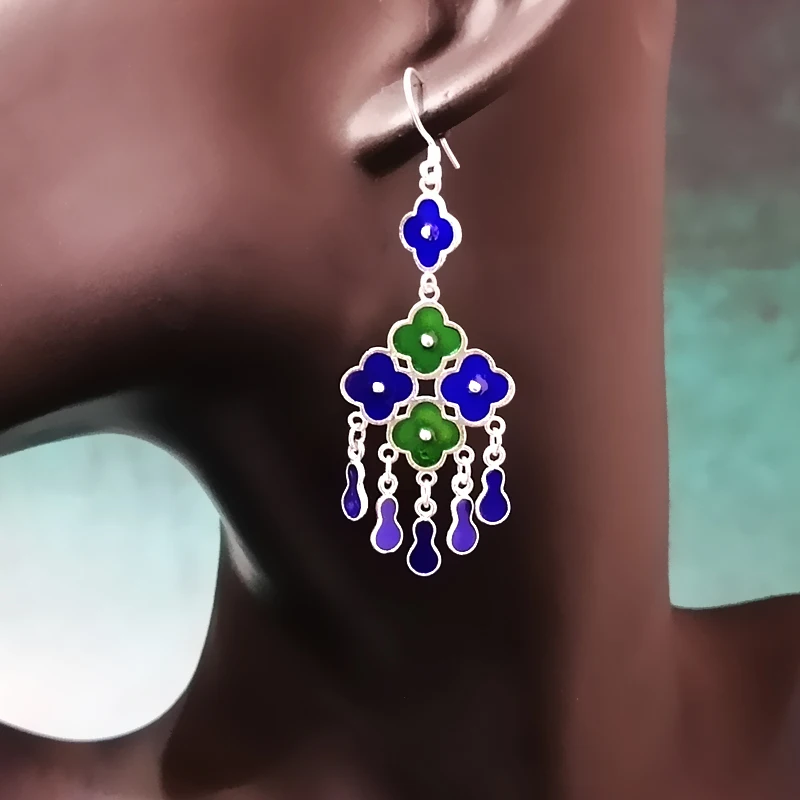 Серьги из стерлингового серебра 999 пробы, синие, зеленые, для женщин, аксессуары, цветок, перегородчатая эмаль, ювелирные изделия ручной работы, этнические серьги с кисточками