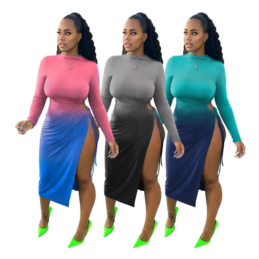 

Сексуальное платье с высоким разрезом и градиентом, цветное лоскутное платье Мади с длинным рукавом, Клубная одежда для вечерние, осенняя о...