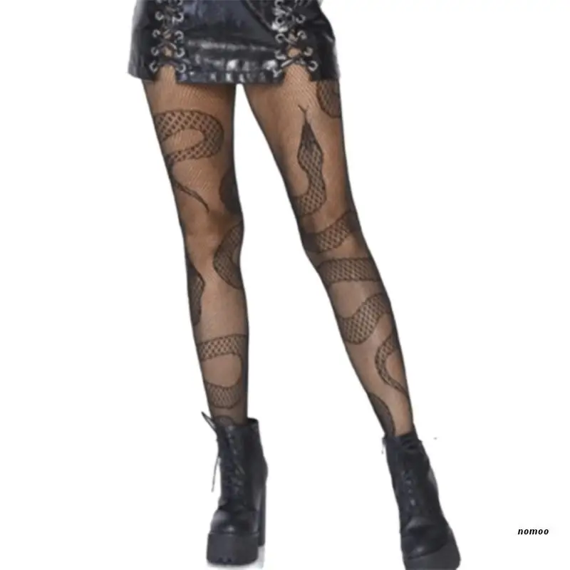 

Women Gothic Punk Sexy Fishnet Pantyhose Harajuku Evil Black Snake Jacquard Patterned Tights Hollow Out Sheer Mesh Anime Lolita