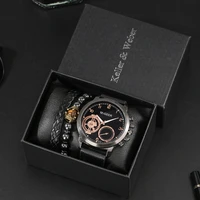 black business quartz mans watch watch gift set for men leather strap adjustable bracelets fashion gifts suit for husband dad
