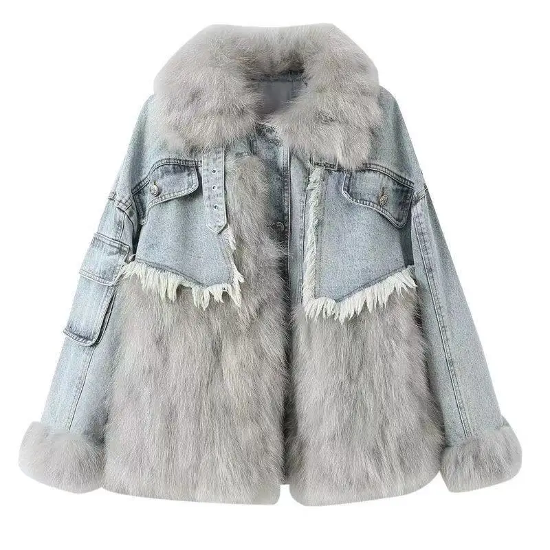 Женская куртка средней длины джинсовая парка из искусственного меха енота с