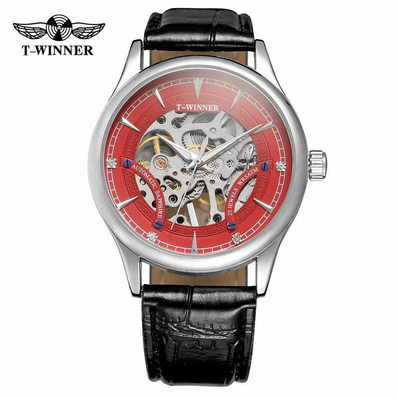 hot selling fashion men mechanical watch winner top brand luxury casual leather wristband hollow dial design waterproof watches free global shipping