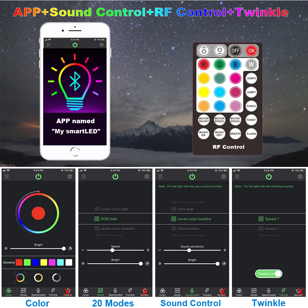 Мерцающий волоконно оптический светильник RGBW 32 Вт Bluetooth управление через