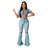 sexy ripped jeans fringe hollow out ruffle flare denim pants high waist bodycon hole women trousers club outfits 2021 long pants