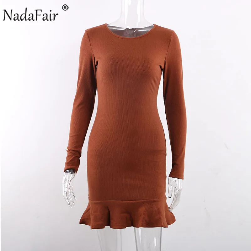 Женское платье с длинным рукавом оборками и круглым вырезом|Женские платья| |