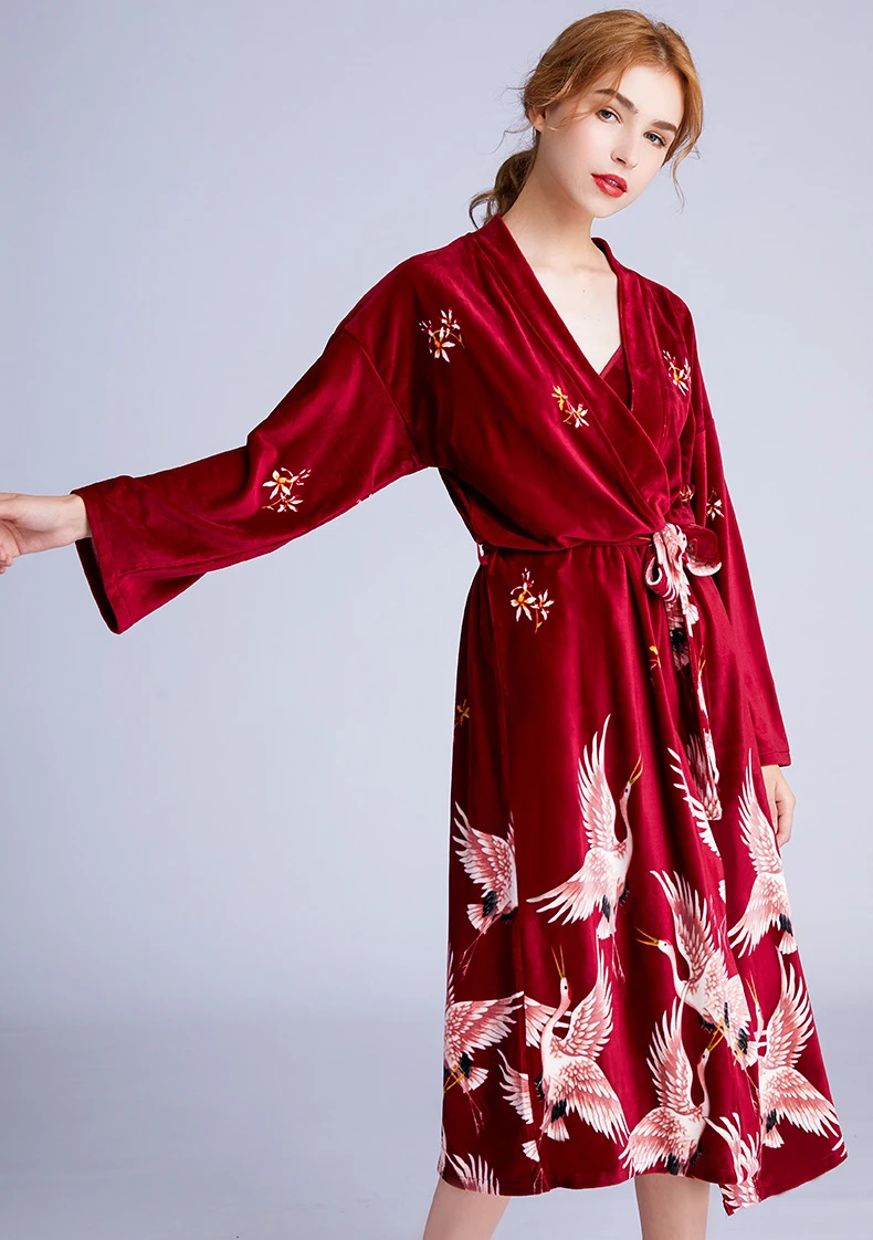 wine red robe Брендовая дизайнерская Новая велюровая свадебная одежда невесты, халат для невесты, женское кимоно, банное платье большого размера, Повседневная Ночная рубашка - Цвет: wine red robe
