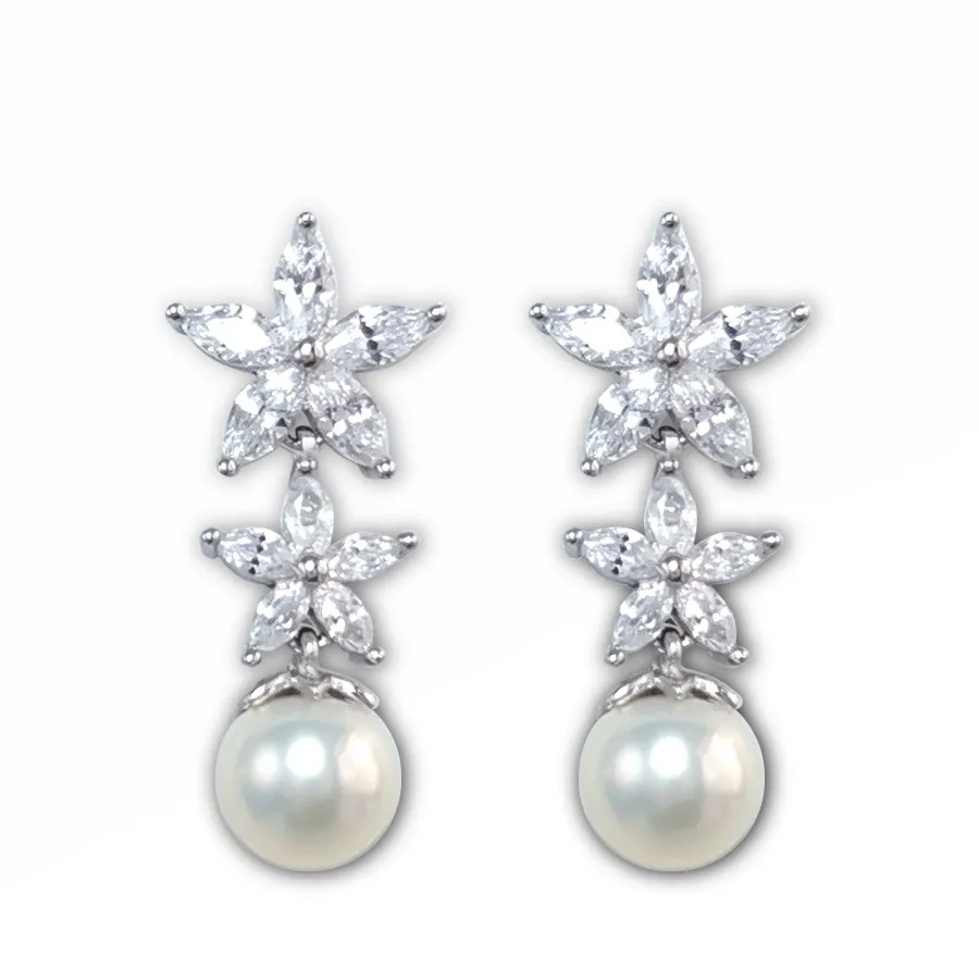 

customize freshwater pearl solid silver 925CZ flower earrings studs OEM ODM 925 silver rhodium CZ pearl ear stud jewelry