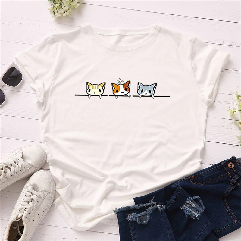 

Забавная женская футболка с изображением трех котов в Корейском стиле Kawaii, Винтажная футболка в готическом стиле размера плюс, хлопковая фу...