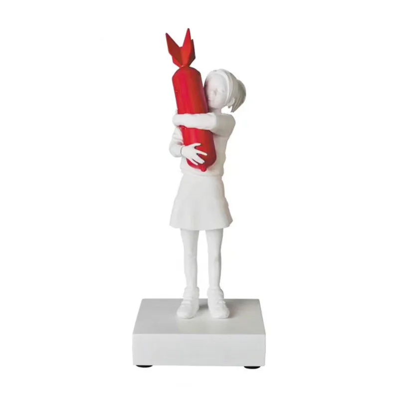 

Luxurious 32CM White Red Modern New Hugger Banksy Bomb Girl Street Art Resin Statue Creative Home Gifts Desktop Decor