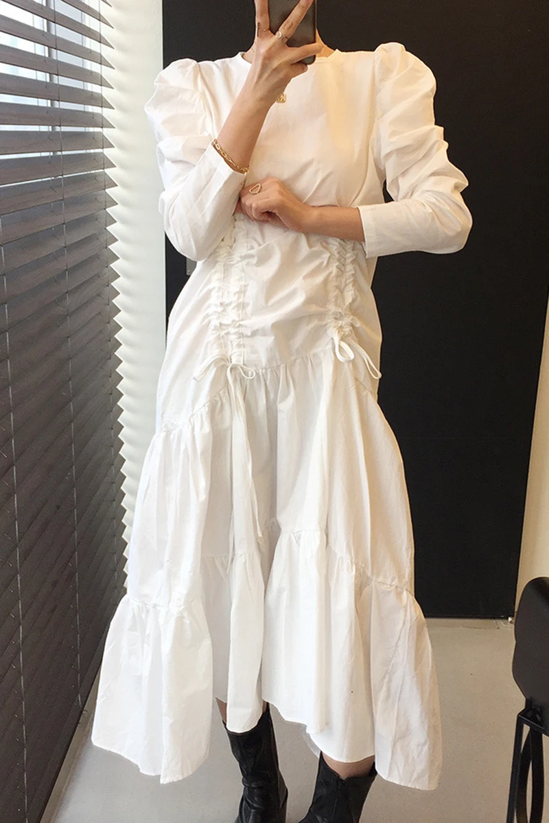 

Retro Round Neck Drawstring Irregular Ruffled Dresses for Women 2021 Spring Fashion Shirring Long Sleeve Long Dress Female