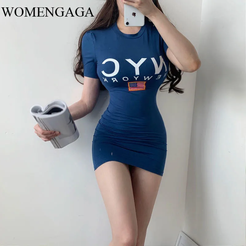 

2020 Korean Summer Women's Clothing Tight-fitting Round Neck Slim Short-sleeved Sports Casual Letters Mini T Shirt Dress E178