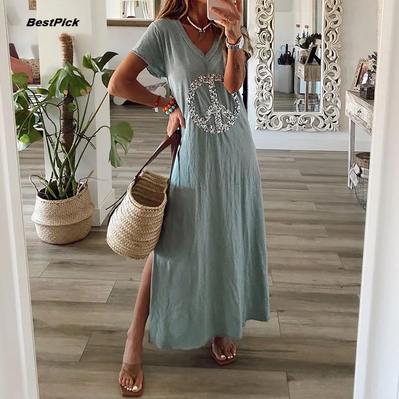 

Summer Women Dress Side Slit Print V Neck Ankle-Length Dress Casual Office Lady Long Dresses Plus Size 2020 New Elegant Dress