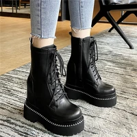 casual shoes women lace up leather wedges high heel ankle boots female round toe chunky platform pumps shoes fashion sneakers