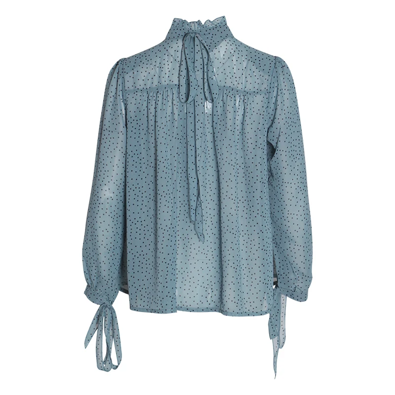 Женская блузка CHICEVER в горошек со стоячим воротником и рукавами-фонариками на