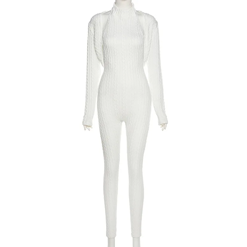 

Elegant Rib Knit 2 Piece Set Women Fall Short Top Sexy Backless Halter Bodycon Jumpsuit Outfit Casual Activity Streetwear