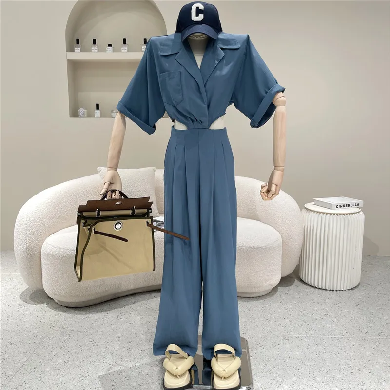 

New Women's Clothing Summer 2021 Fashion Lapel hollow out black short sleeve Blazer Jumpsuit Casual straight pants