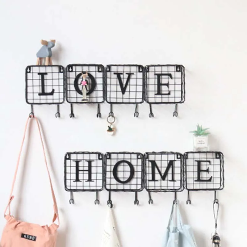 Multifunctional LOVE HOME Letter Iron Grid Hanging Mesh Storage Rack With Hook Wall Home Decor Decorative Shelf Towel Key | Дом и сад