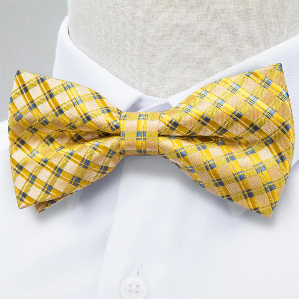 Желтый Клетчатый шелковый галстук бабочка Регулируемый формальный