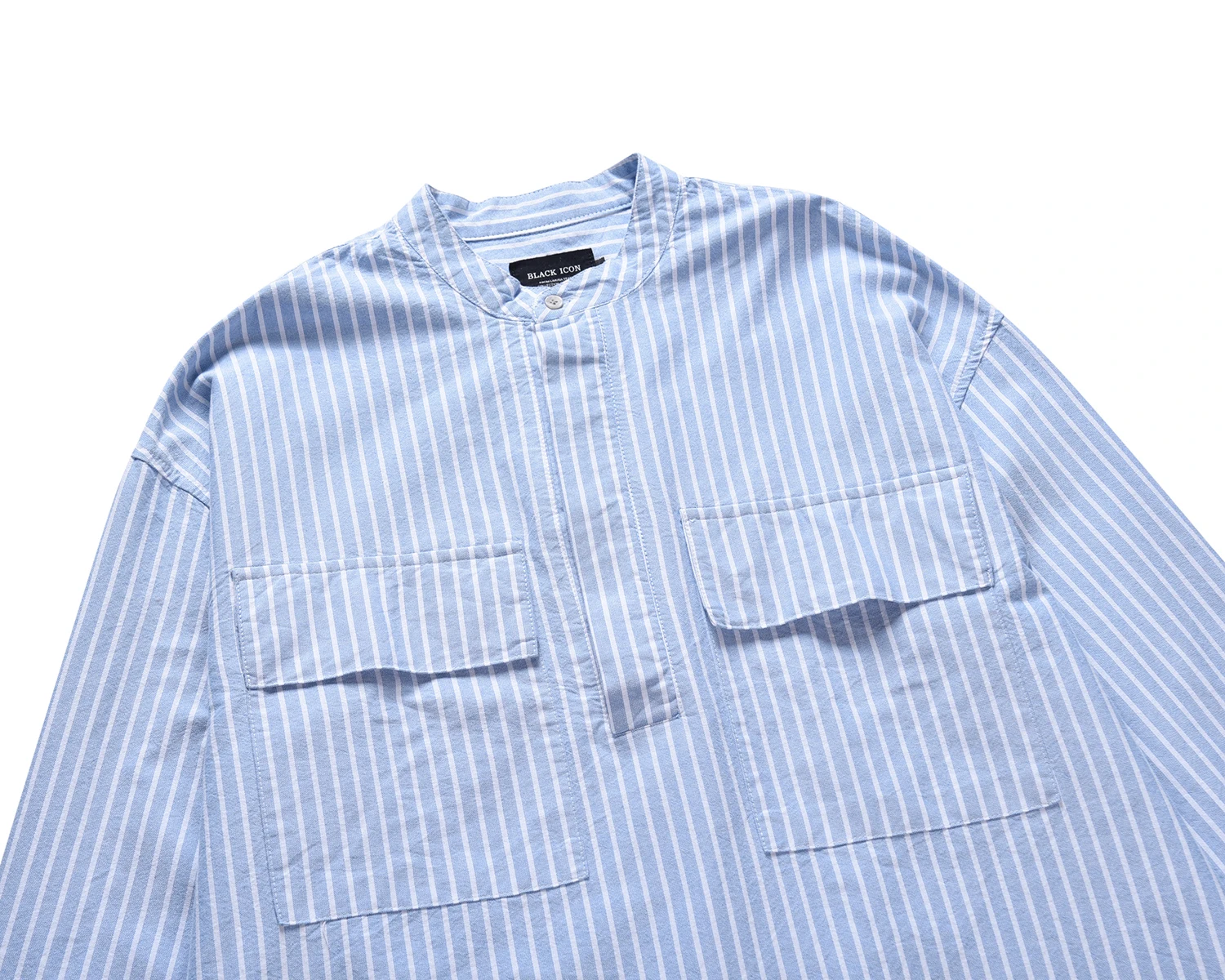 

European and American trend high street sixth season retro Henry collar black blue and white striped long-sleeved shirt
