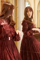 2021 spring new japanese womens lace fight receiving waist is thin and puffy long sleeved dress