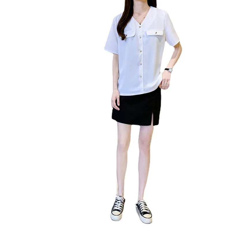 

Chiffon Slim Women's Blouses Fashion Short Sleeve Top New Casual Blouse Solid Color Pocket Buttons V-neck Shirt Summer