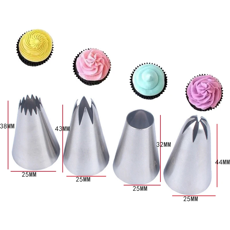 

3/4Pcs/Set Kitchen Gadgets 304 Stainless Steel Silver Pastry Nozzles Fondant Cakes Decor Set Cookies Supplies Big Style Nozzles