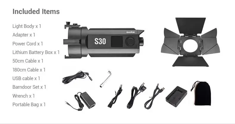 Godox S30 30 Вт фокусирующий СВЕТОДИОДНЫЙ фотографии; непрерывный Регулируемый светильник Точечный светильник с дверцей сарая для профессиональной фотостудии