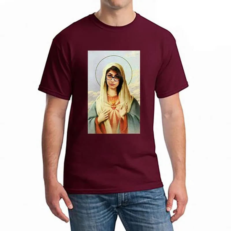 

Virgin Mary Mia Khalifa Action Movie Star Funny Men Joke T-shirt Birthday present Tee High Quality Tee Shirt Summer Short casual