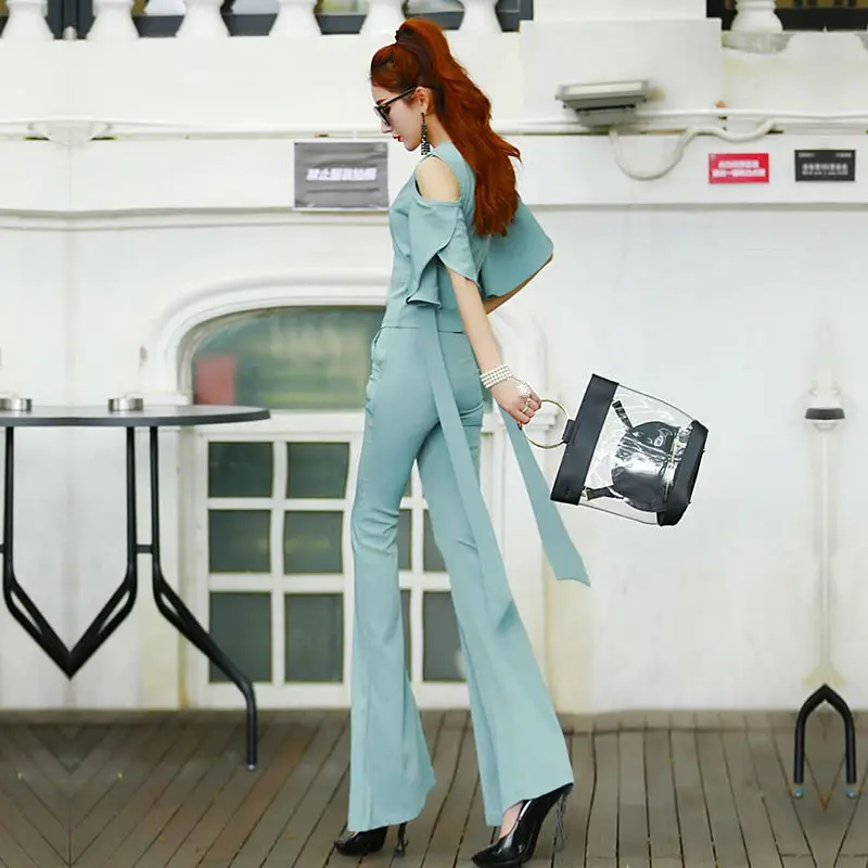 

Women 2021 Spring Summer New Fashion Two-piece Sets Female Sexy Solid Color V-neck Tops Ladies Slim Split Flare Pants Suits K172