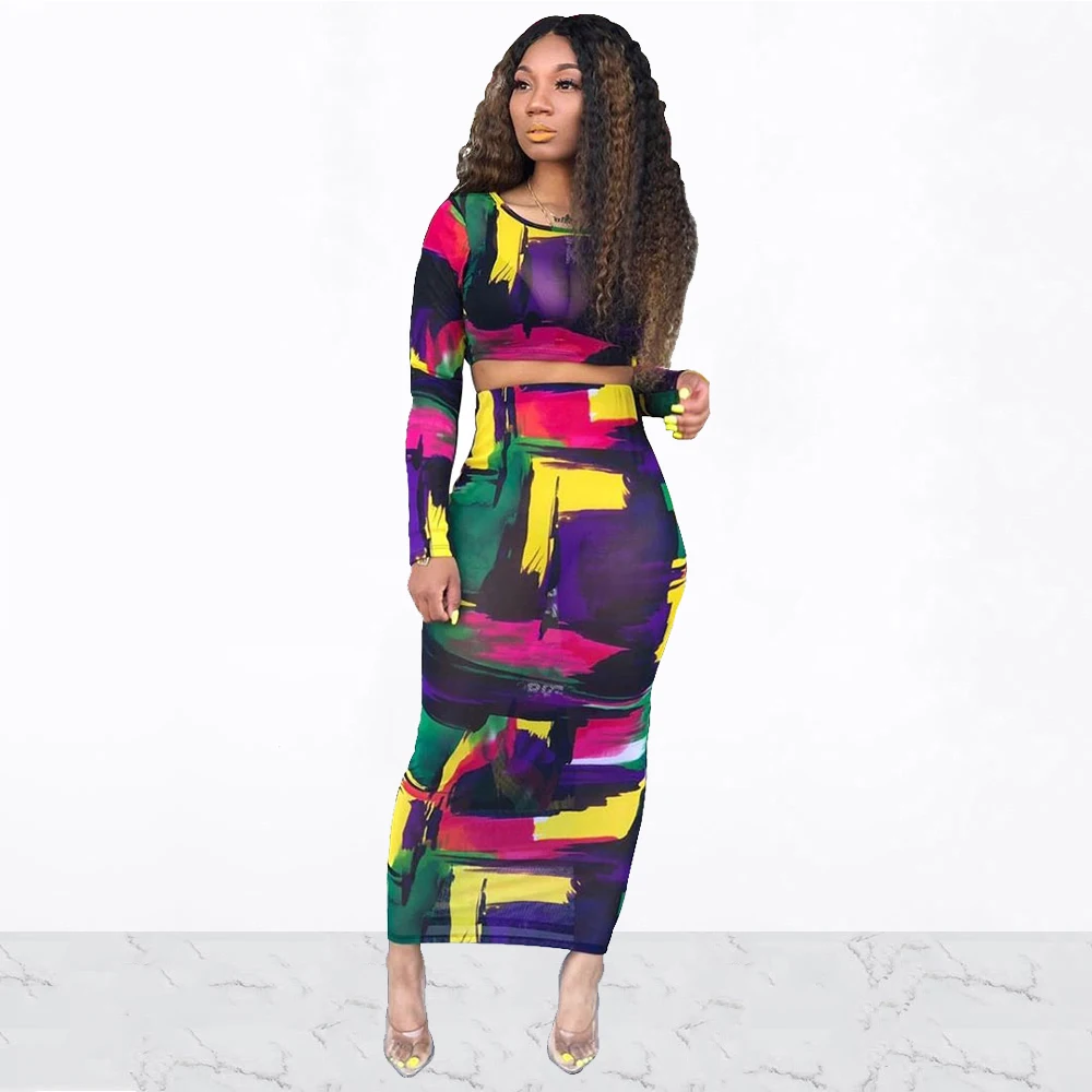 Женский комплект из 2 предметов с принтом граффити и сеткой сексуальный о вырез