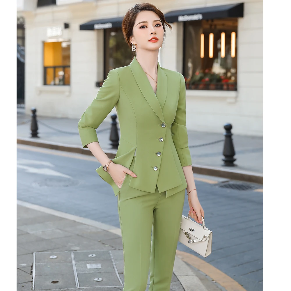 Elegant Ladies Business Ruffle Pant Suit Black Green Formal 2 Piece Set Blazer Latest Design Women Jackets and Trousers