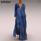 Женское Повседневное платье VONDA с длинным рукавом, праздничные платья с пэчворком и принтом, сексуальный сарафан с глубоким V-образным вырезом и клетчатым принтом